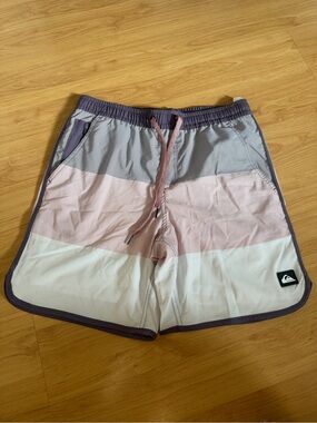 Quiksilver Men’s Pink, Gray & White Striped Hybrid Shorts